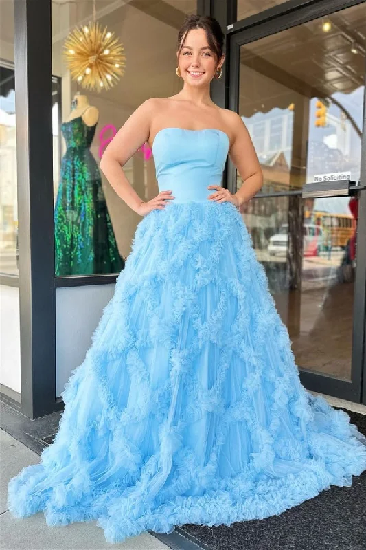 satin prom dressesLight Blue Tulle Ruffled Net Streapless Long Prom Dress gh2775