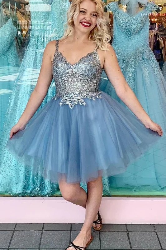 casual party dressesA-line Misty Blue Appliques Short Homecoming Dress gh1500