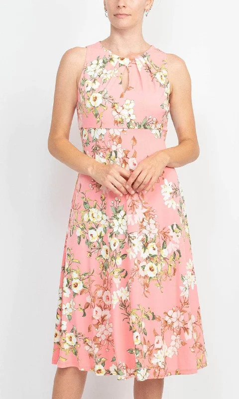 Sleeveless Dress In LinenLondon Times T4470M - Floral Printed Sleeveless Dress