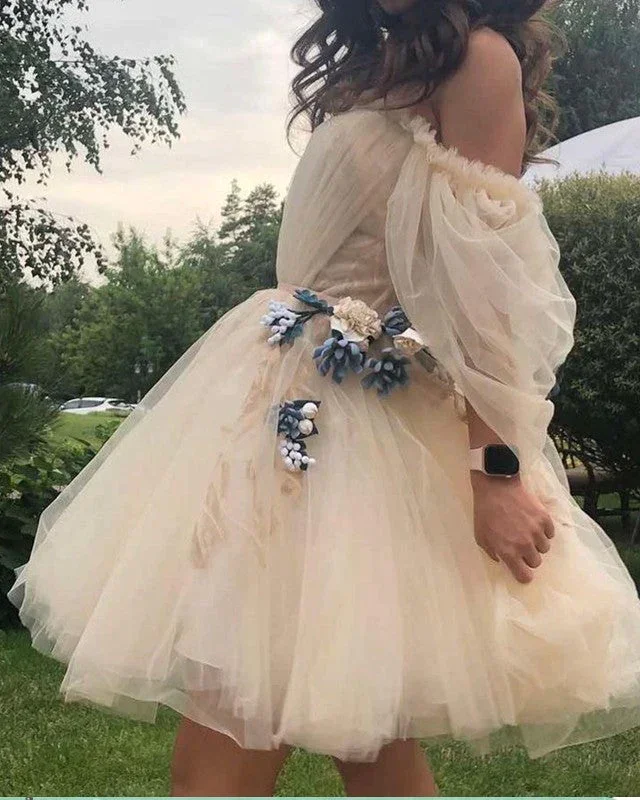 silk party dressesOff the shoulder tulle homecoming dresses,floral a-line princess dress gh1677