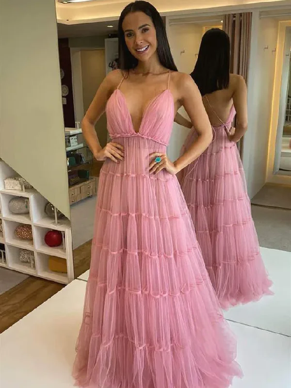 open-back prom dressesSpaghetti Pinl Tulle Prom Dresses, Lovely Prom Dresses, Formal Dresses gh2494