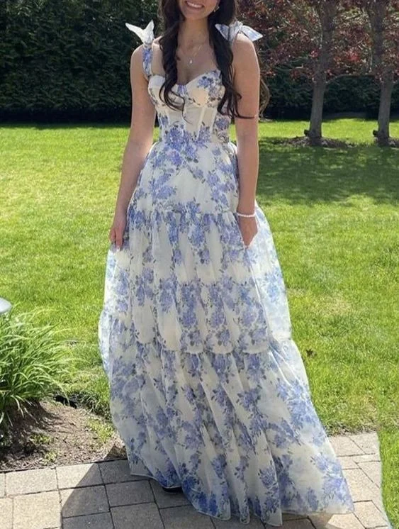 prom dress color trendsBlue Floral Print  Spaghetti Straps Prom Dress gh2792