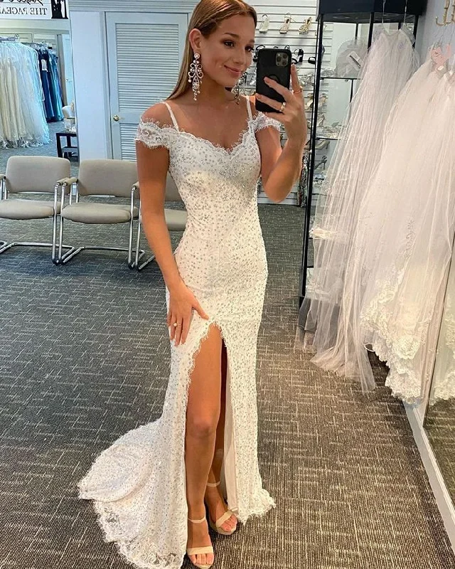 high-slit prom dressesWhite Beading Lace Cold Shoulder Mermaid Prom Dress with Side Slit gh2485