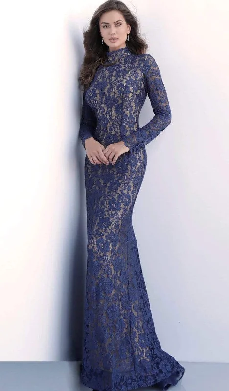 Flowery Long Sleeves Peplum DressJovani - Long Sleeve High Neck Trumpet Dress 63209SC - 1 pc Navy/Nude in Size 8 Available