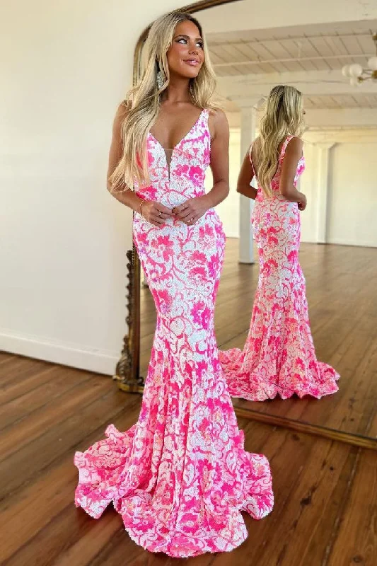 luxury prom dressesPink V Neck Sequin Lace Mermaid Prom Dress gh2964