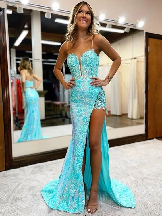 metallic prom dressesMermaid / Trumpet Prom Dresses High Split Dress Formal Court Train Sleeveless V Neck Sequined with Slit Appliques gh2943