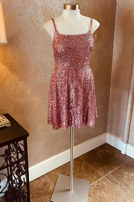 bridesmaid party dressesSequin Square Neck Backless Short Homecoming Dress gh1323