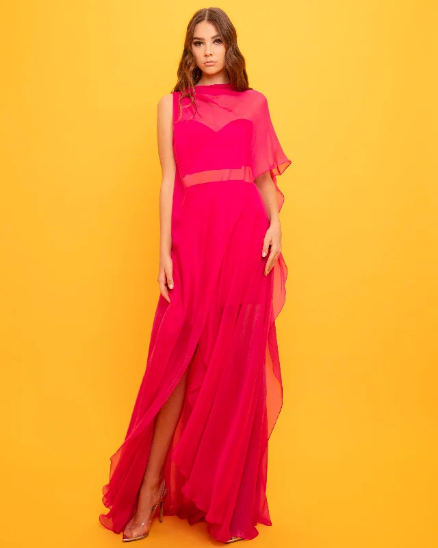 maxi dresses with sleevesOne-Shoulder Mousseline Long Dress