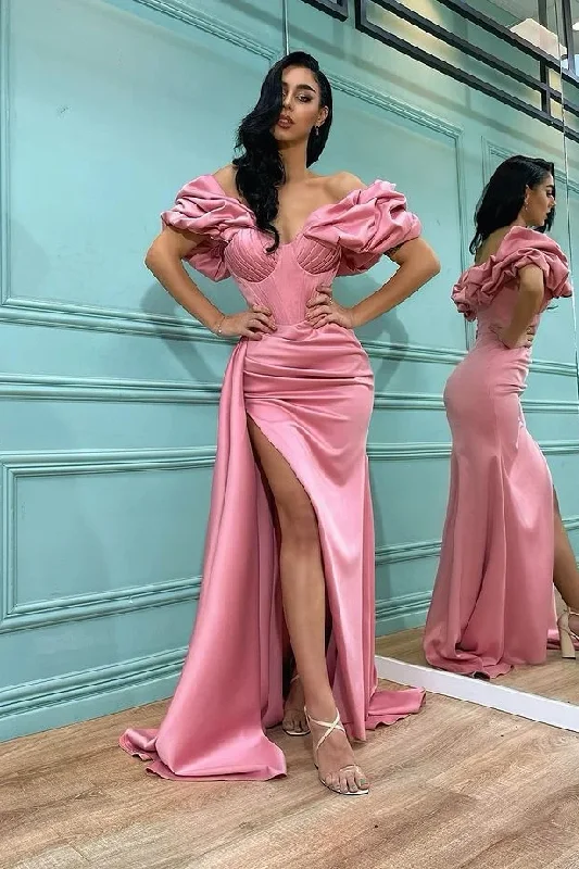 empire waist prom dressesPink Split Prom Dress Long Mermaid Off-the-Shoulder gh2536