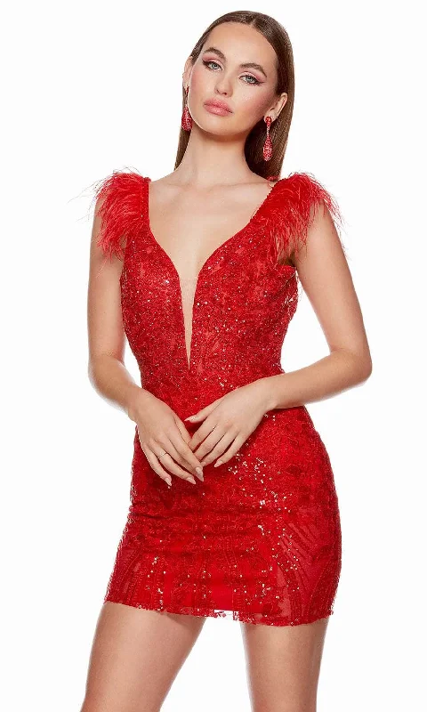 long party dressesAlyce Paris 4614 - Feather Shoulders Homecoming Dress