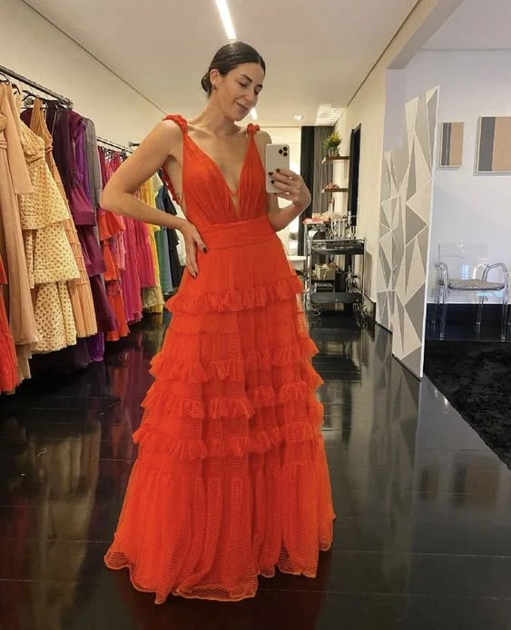 prom dresses for summerDeep V Neck Orange A Line Prom Dress gh2835