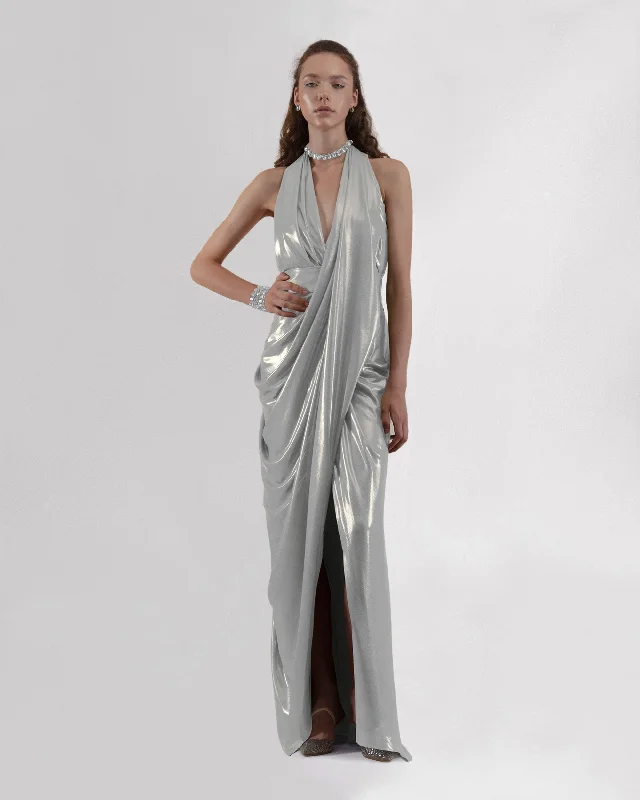 maxi dresses for bridesmaidsLong Silver Dress With Draped Details