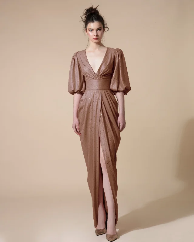 maxi dresses for girlsLong Brown Dress With Deep V-Neck