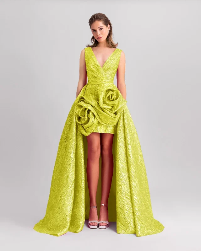 satin maxi dressesLime Long Dress With Draped Flowers