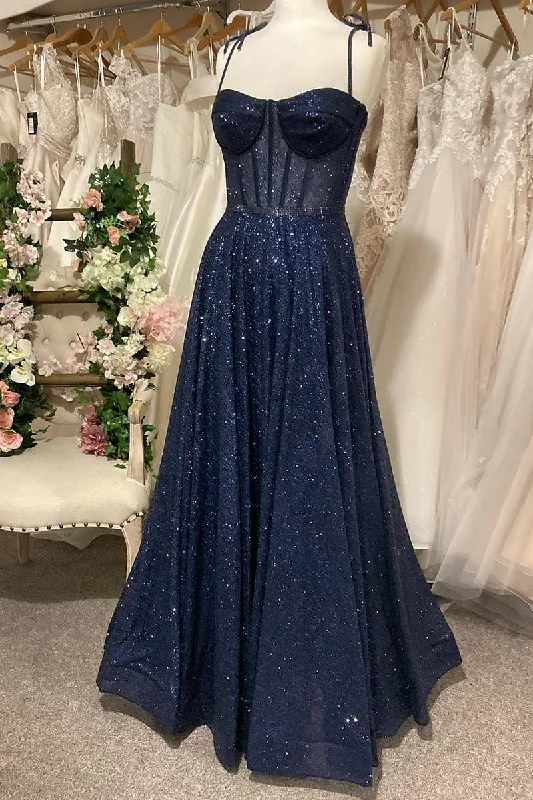 prom dresses with built-in petticoatsPrincess Navy Sequin Tie-Strap A-Line Prom Dress gh2640