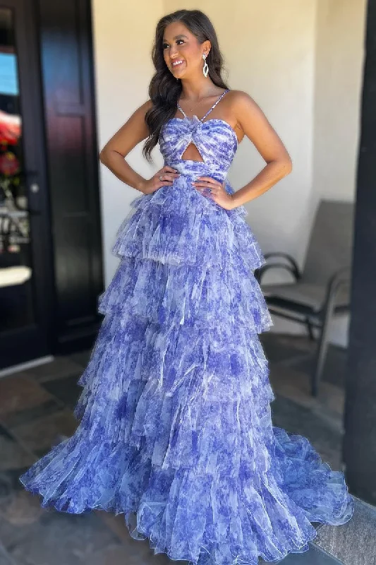 fitted prom dressesBlue Print Halter Keyhole Ruffle Tiered Long Prom Dress gh2707