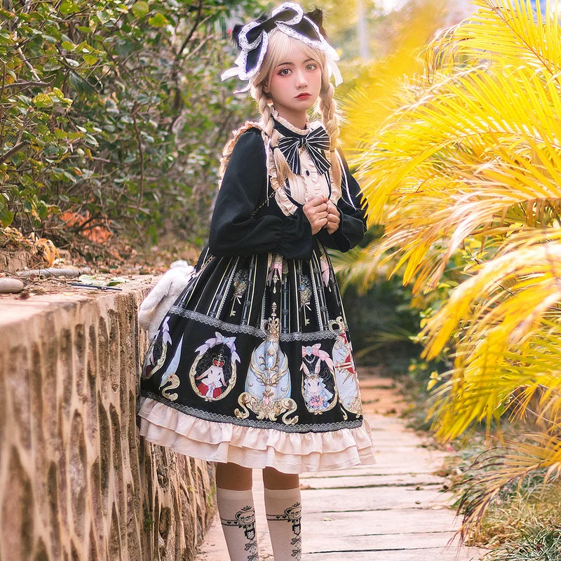 Flowy Long Sleeves DressNiu Niu~Easter~Plus Size Lolita Dress Black Long Sleeve Vintage OP