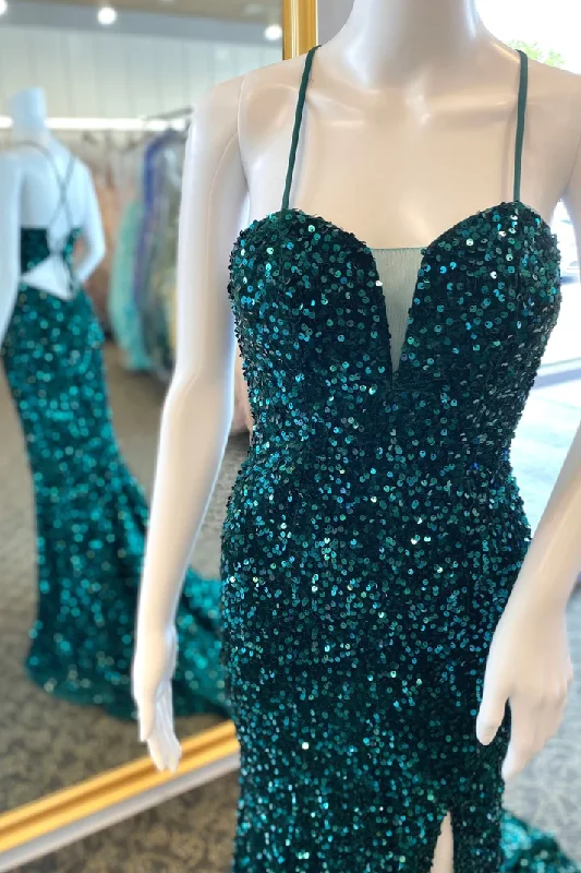 prom dresses with illusion panelsHunter Green Mermaid V Neck Lace-Up Back Sequins Long Prom Dress with Slit gh2617