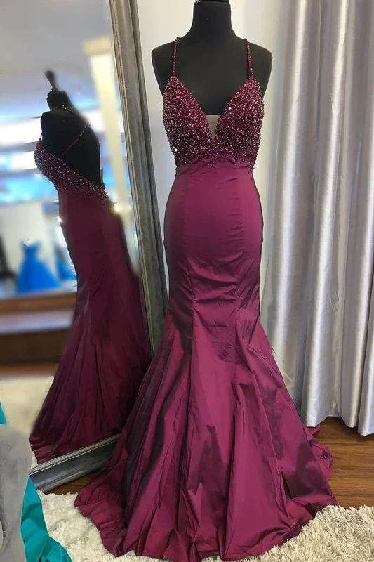 prom dress inspiration galleriesGorgeous V Neck Mermaid Beaded Dark Purple Long Prom Dress gh2596