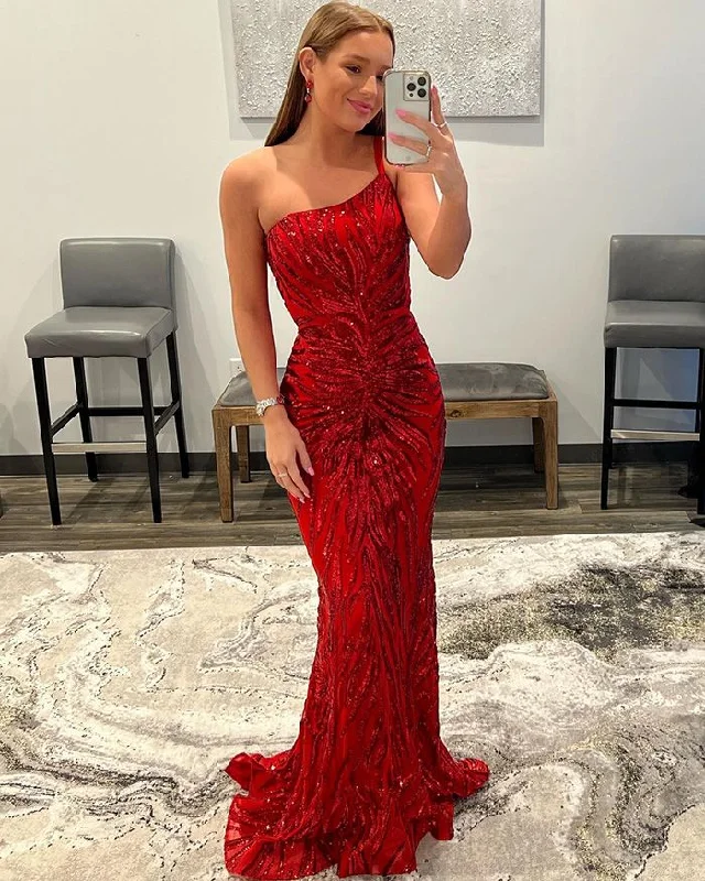 bodycon prom dressesRed Sequin Mermaid One Shoulder Prom Dress gh2487