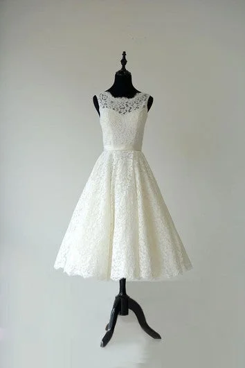 Sleeveless Dress In GeorgetteSleeveless A-Line Tea Length Lace Dress With Low-V Back and Satin Sash