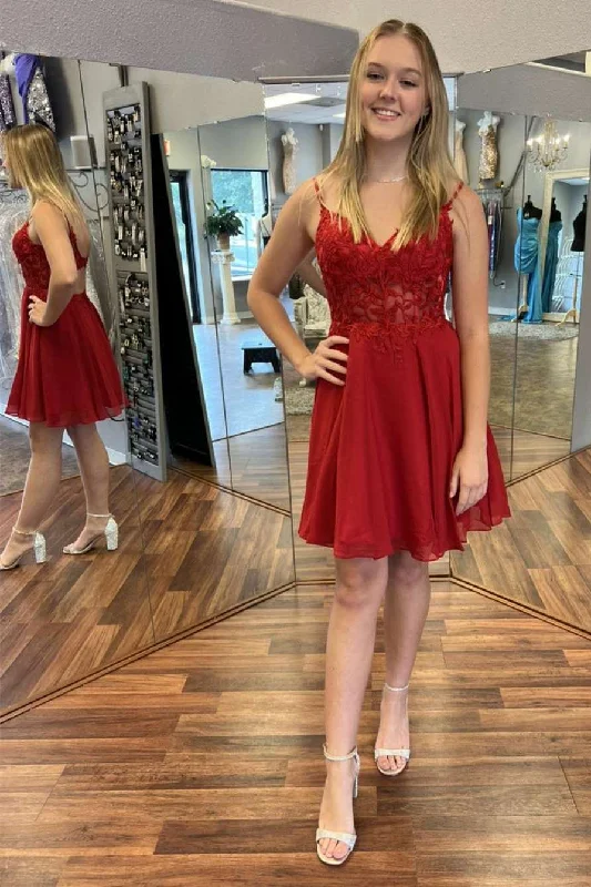 sequined party dressesWine Red Appliques Spaghetti Straps A-Line Short Homecoming Dress gh1267