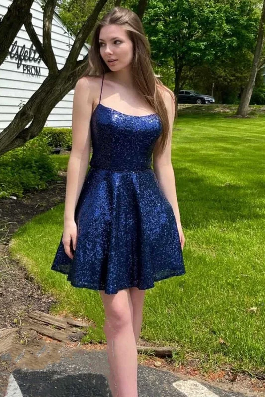 bold color party dressesDark Blue Sequins Spaghetti Straps A-Line Short Homecoming Dress  gh1369