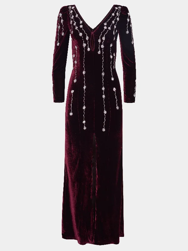 maxi dresses with front pocketsJoni Long Dress in Burgundy Starfall Embroidery