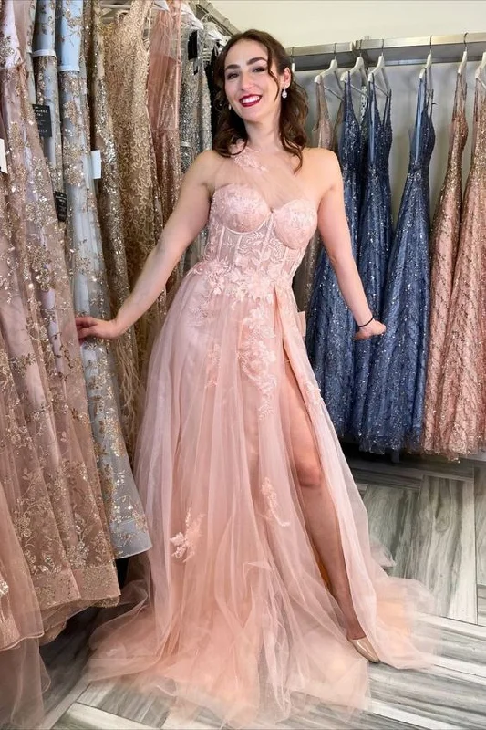 high-low prom dressesPink Floral Long Tulle Prom Dress gh2746