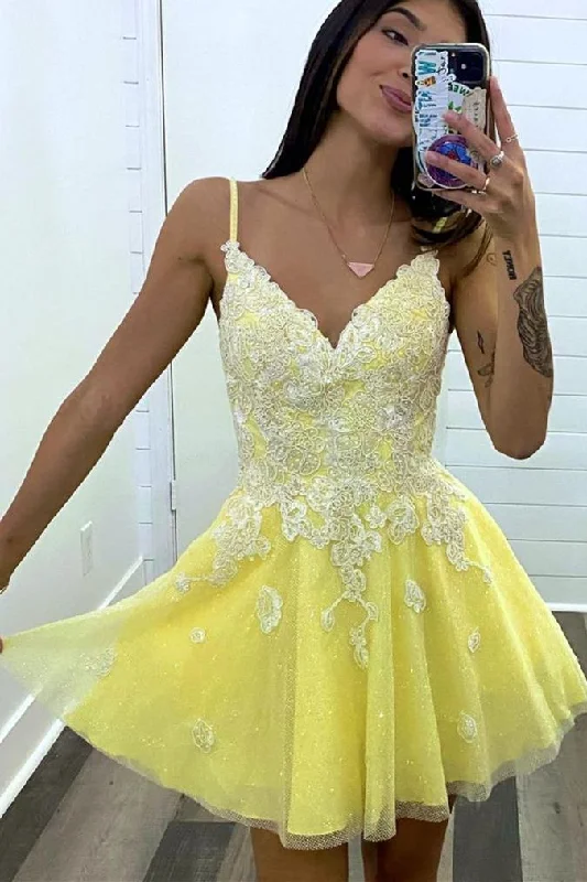 beach party dressesPrincess Yellow A-line Lace Appliques Short Homecoming Dress gh1493