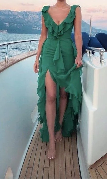 prom dress accessoriesChiffon V Neck Green layered Prom Dress With Slit gh2787