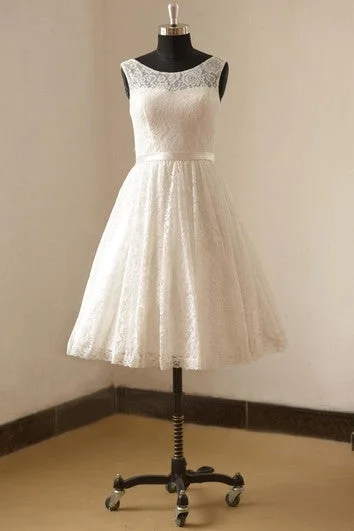 Sleeveless Dress BridalTea Length A-Line Sleeveless Lace Dress With Bateau Neck and Satin Waistbelt