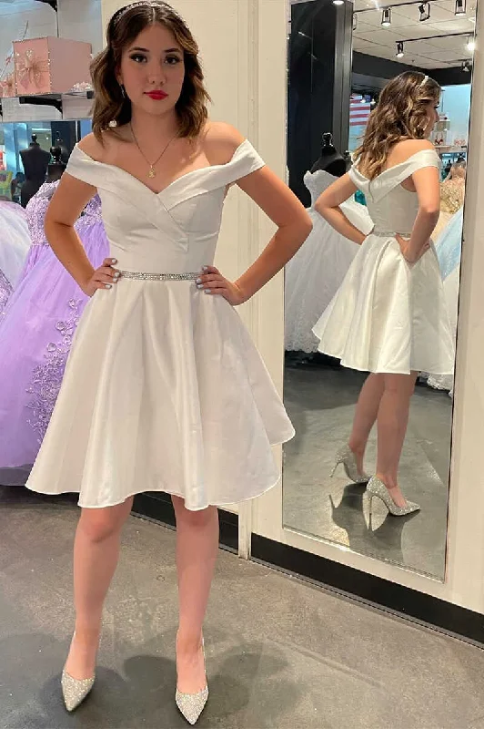 bachelor party dresses (for women)Princess White Off-the-Shoulder A-Line Short Homecoming Dress  gh1426