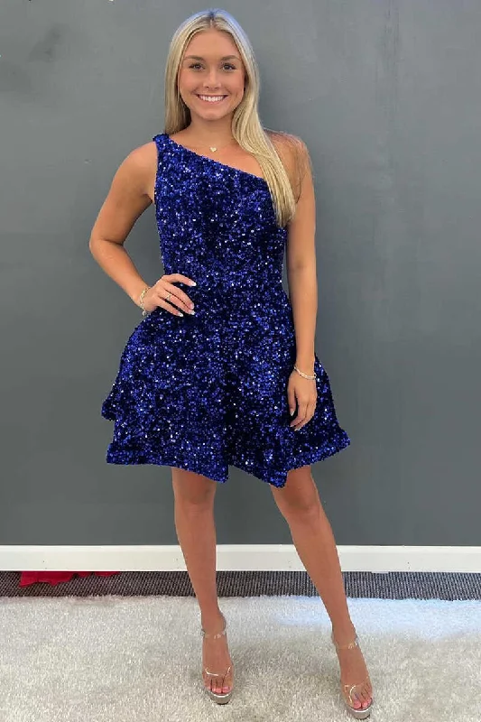 metallic party dressesOne-Shoulder Royal Blue Sequins A-Line Short Homecoming Dress  gh1378