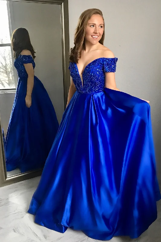 prom dresses with built-in petticoatsOff the Shoulder Royal Blue Long Prom Dress gh2475