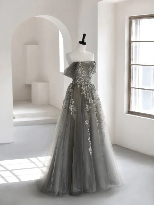 sequined prom dressesGray Sweetheart Neck A line Lace Long Prom Dress, Gray Formal Dress gh2577