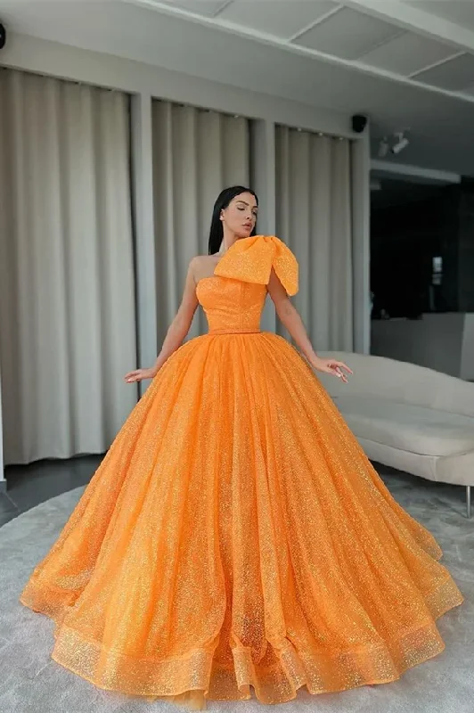 A-line prom dressesBall Gown Orange Prom Dress Sequins With Bowknot One Shoulder gh2540