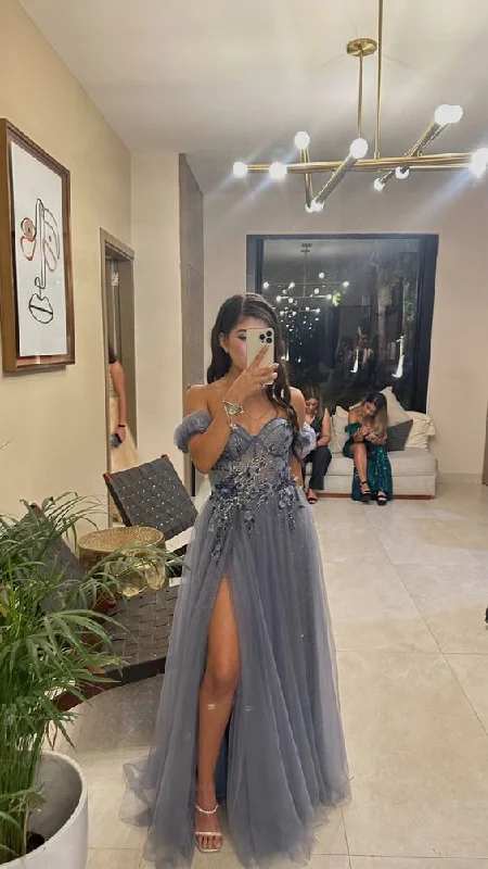 long prom dressesOff the shoulder gray blue s line prom dress with slit gh2748