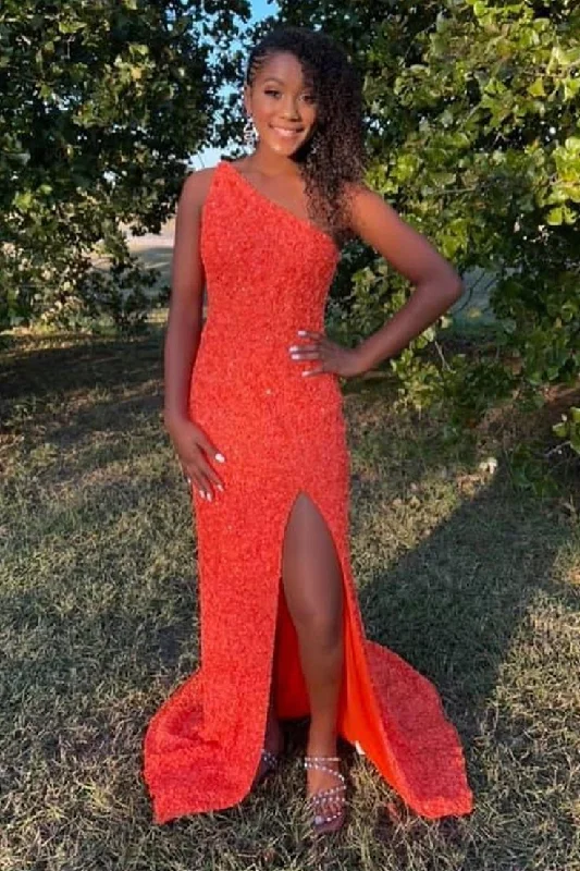 tulle prom dressesOne Shoulder Open Back Mermaid Orange Sequins Long Prom Dress,Shiny Formal Dress,Sexy Night Dress gh2582