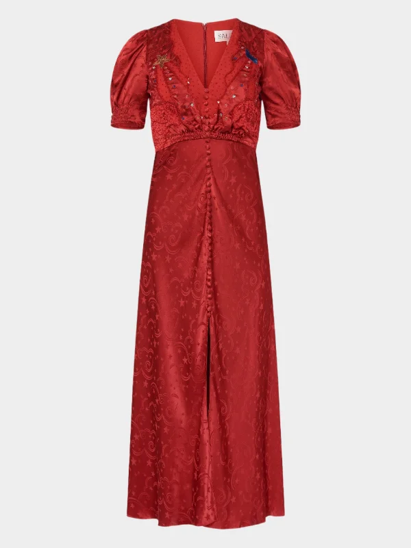 maxi dresses for teensVenyx Lea Long Dress in Deep Red Moonbeam Embroidery