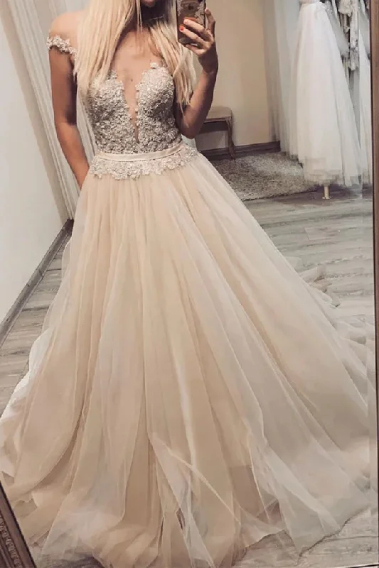 halter neck prom dressesCheap Long Prom Dresses A-line V-neck Off-Shoulder Tulle Pageant Gown gh2555