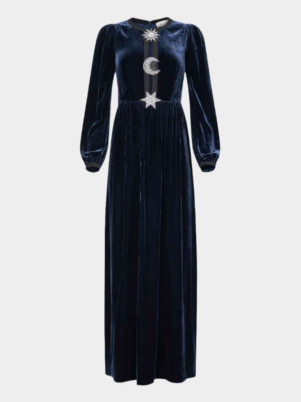 maxi dresses for bridesmaidsCamille Embellished Sun Moon Star Long Dress in Dark Navy