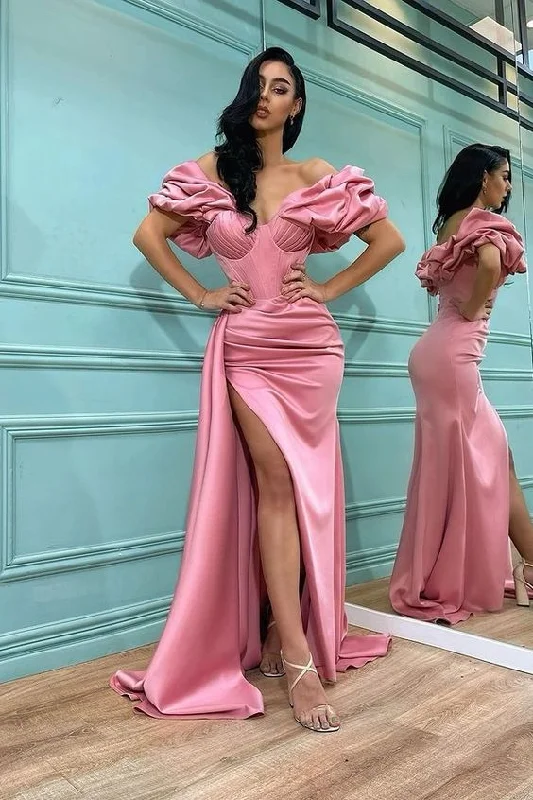 off-shoulder prom dressesBellasprom Pink Split Prom Dress Long Mermaid Off-the-Shoulder gh2488