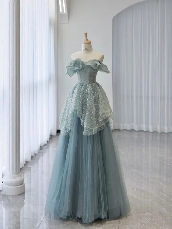 spaghetti strap prom dressesA-Line Off Shoulder Tulle  Prom Dress Blue Long Graduation Dress gh2731