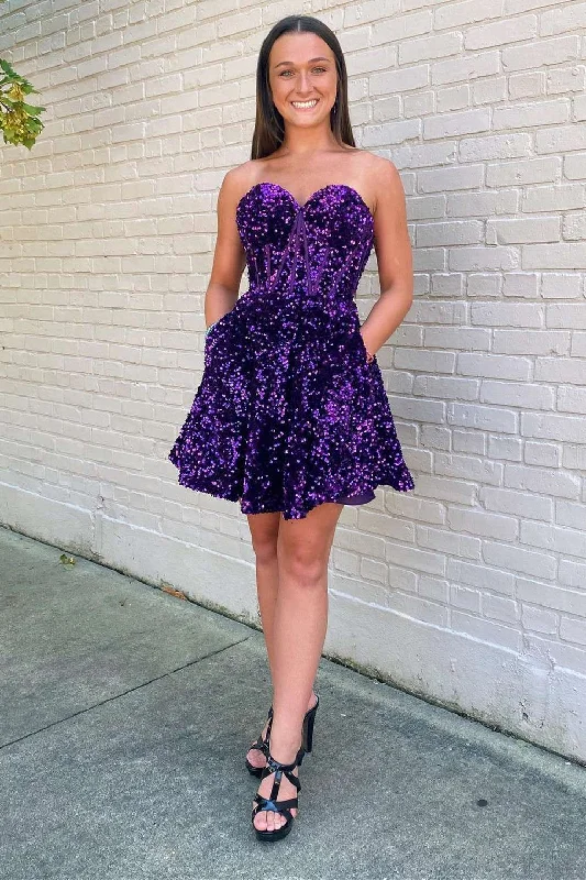 midi party dressesPurple Sequin Sweetheart A-Line Short Homecoming Dress gh1274