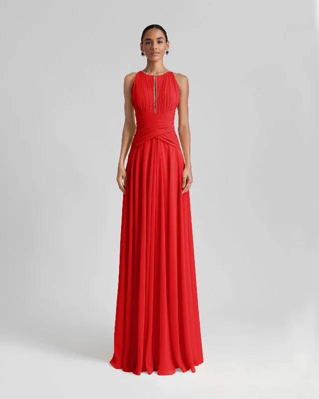 lace maxi dressesLong Red Dress With Drapings On The Waist