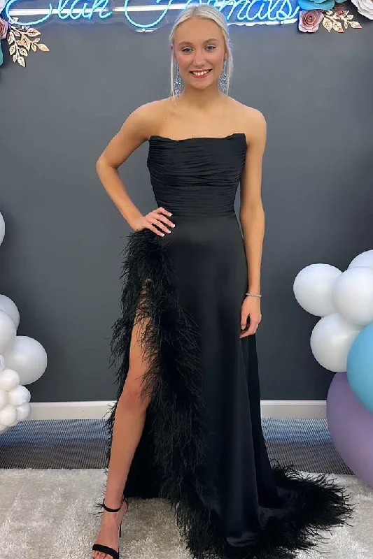 prom dresses with beaded accentsBlack Strapless Pleated Satin Long Prom Gown with Feathers gh2620