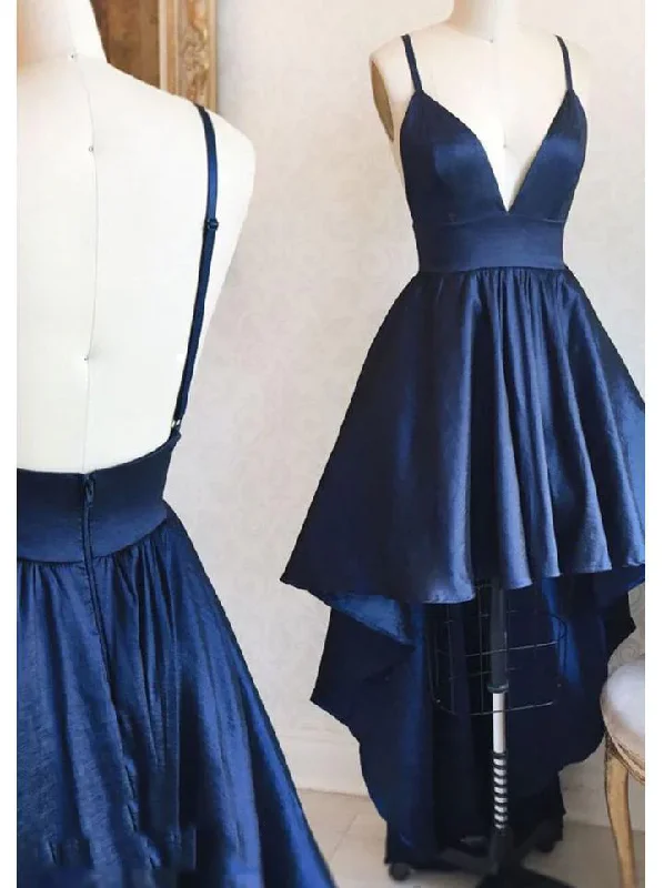 one-shoulder party dressesHigh Low Navy Blue Deep V Neck Spaghetti Straps Backless A Line Satin Homecoming Dresses gh1737