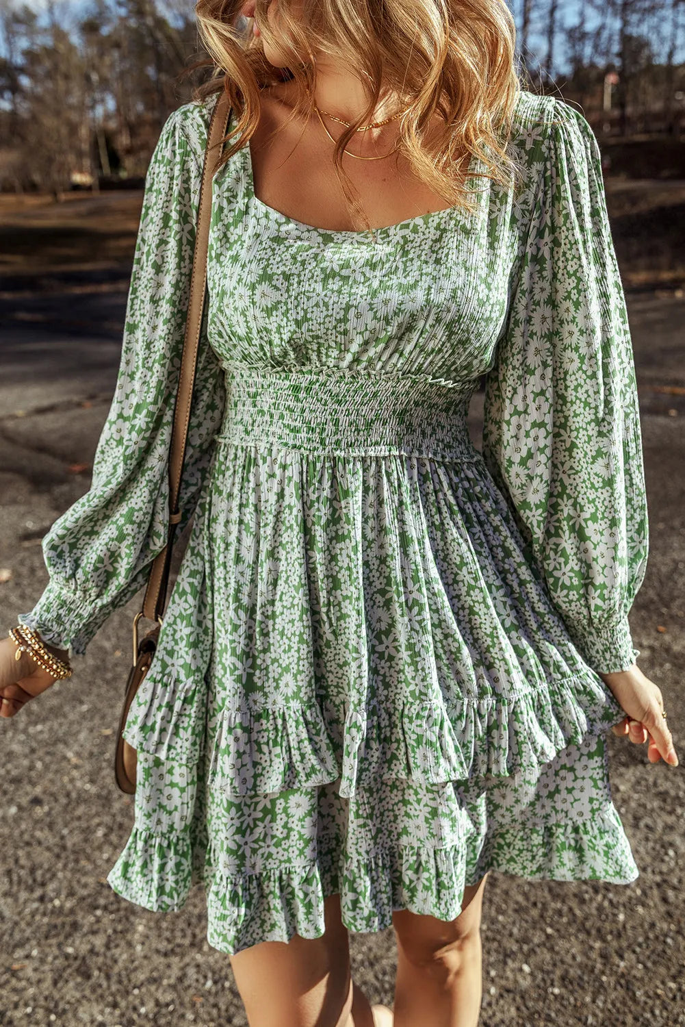 Fabulous Long Sleeves Babydoll DressRuffle Hem Floral Square Neck Long Sleeve Dress