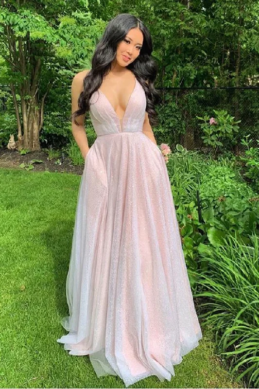 luxury prom dressesSparkly Plunging Neck Pink Long Prom Dress gh2520